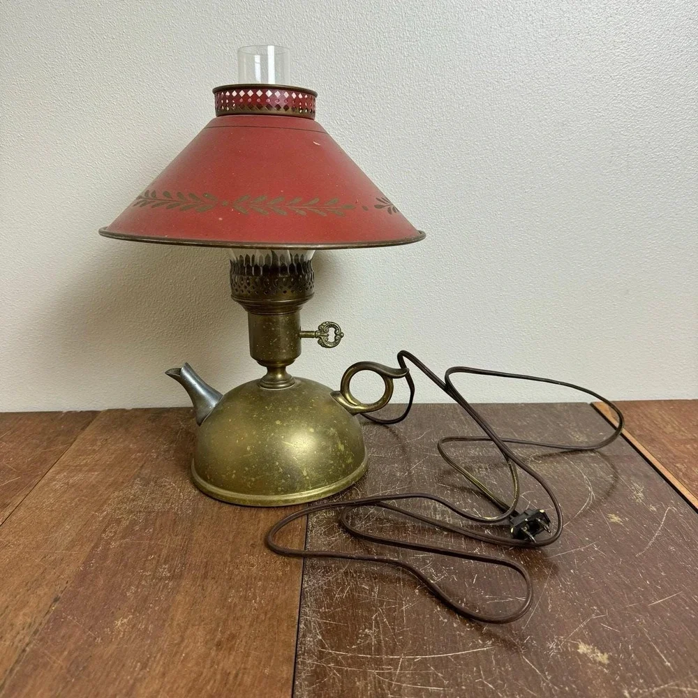 Vintage‎ Brass Tea Pot Kettle Red Metal Shade Table Accent Lamp Flicker Bulb